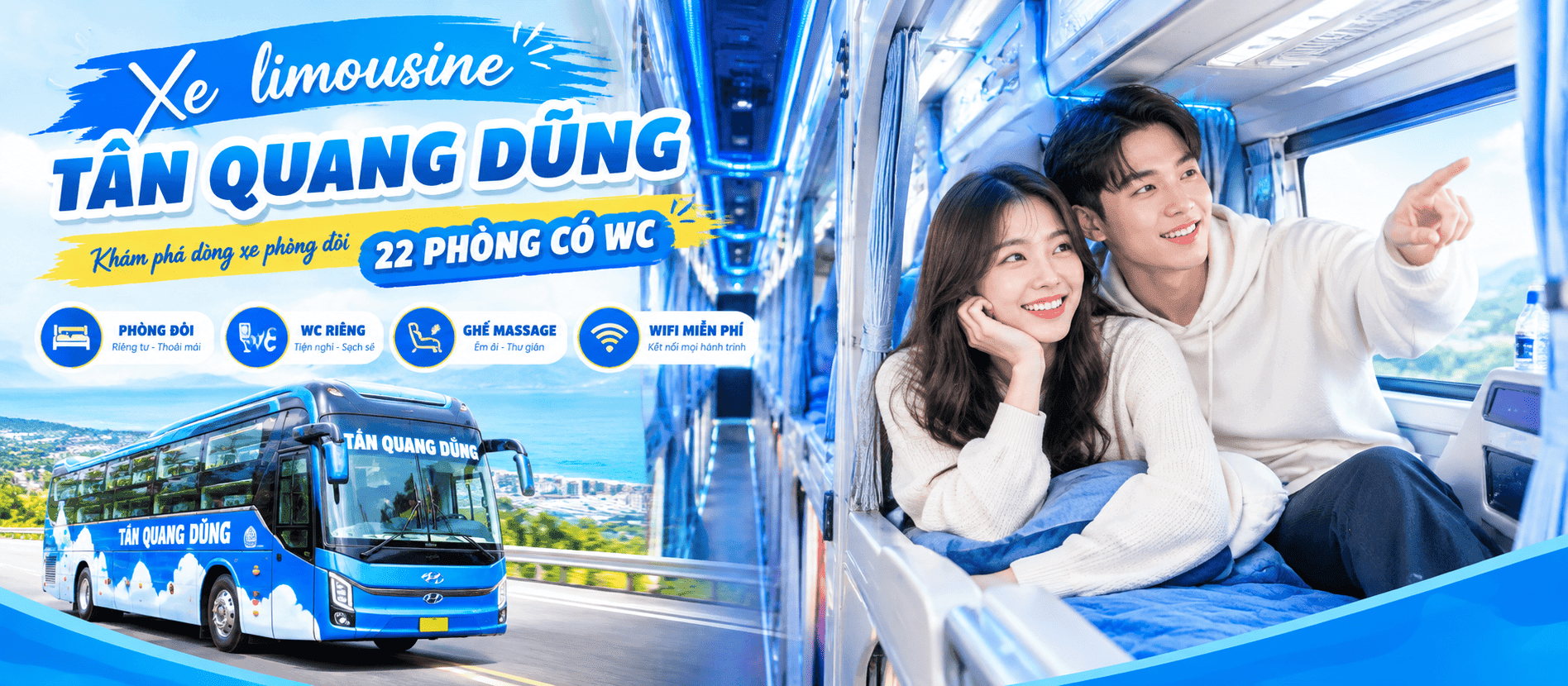 Xe limousine Tân Quang Dũng: Khám phá dòng xe phòng đôi 22 phòng có WC